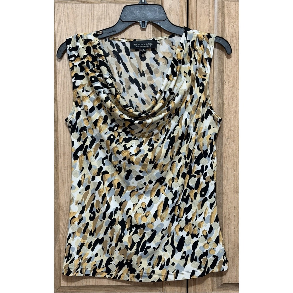 Evan Picone Black Label Sleeveless Blouse Top Womens Sz S Cowl Neck Animal Print